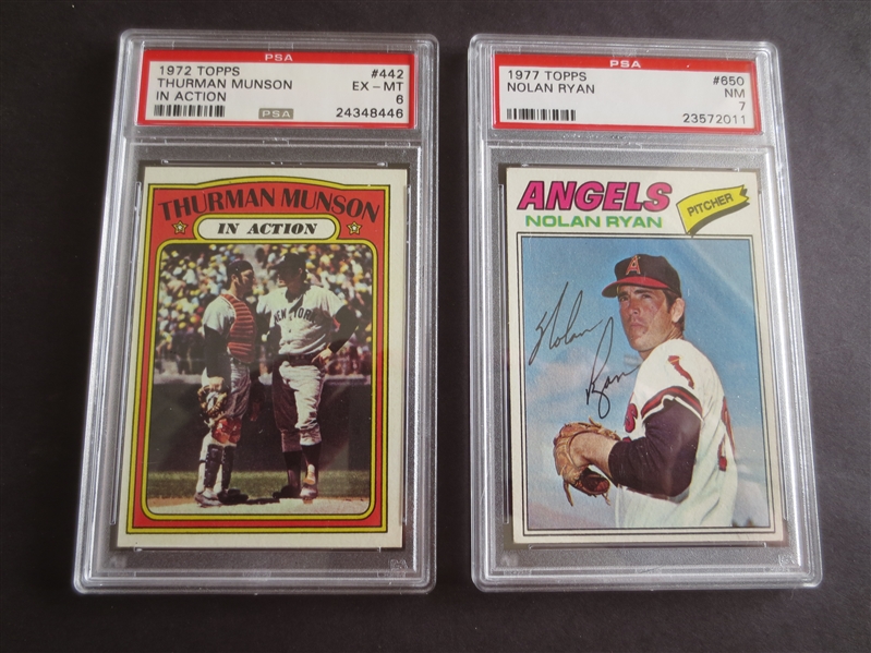 1972 Topps Thurman Munson in Action #442 and 1977 Topps Nolan Ryan #650 both PSA graded with no qualifiers