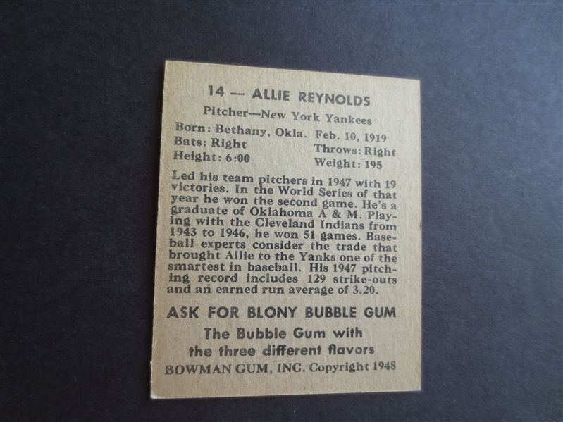 1948 Bowman Allie Reynolds Rookie Baseball Card in Sharp Condition!