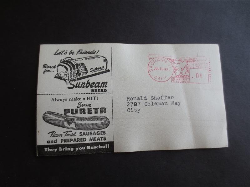 1949 Sunbeam Sacramento Solons PCL Baseball Card/Photo   VERY RARE