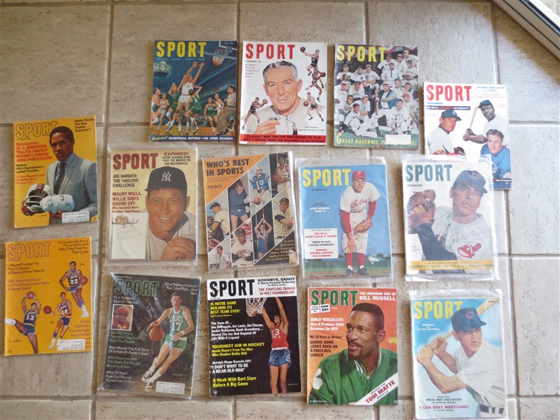 (13) different Sport Magazines from 1951-1969 with star covers Mantle, Wilt, Jackie Robinson, Mays, Russell, West, Havlicek, and more