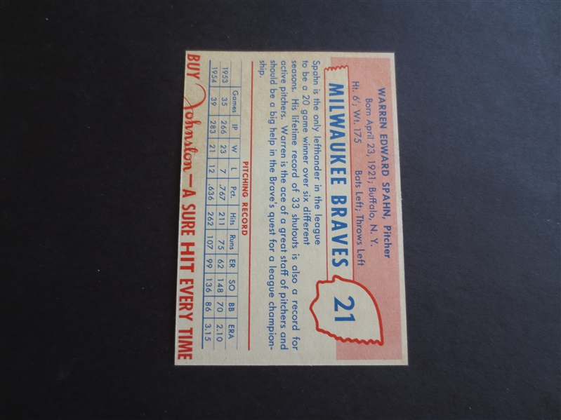 1955 Johnston Cookies Braves Warren Spahn Baseball Card in Beautiful Condition