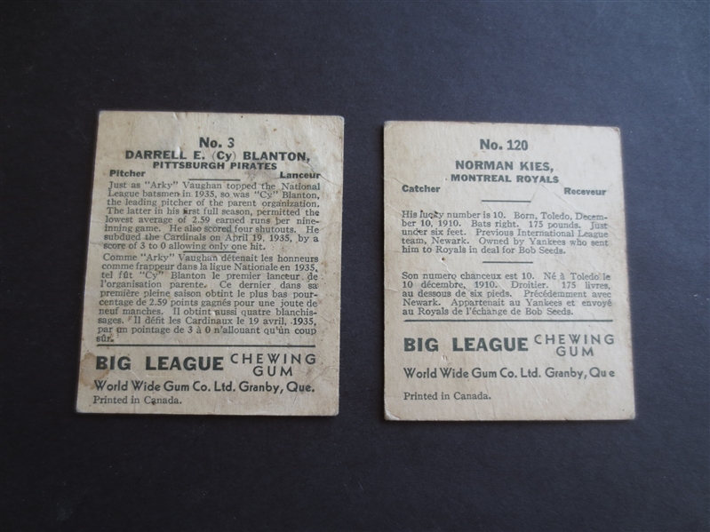 (2) 1936 Worldwide Gum (Canadian Goudey, V355) Baseball Cards of Cy Blanton and Norman Kies