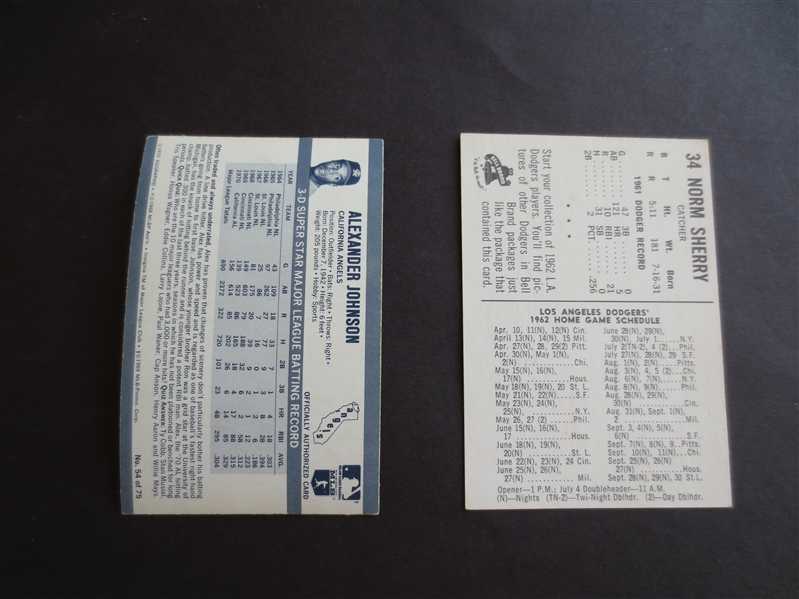 1961 Bell Brand Norm Sherry + 1971 Kelloggs Alex Johnson Baseball Cards in Beautiful Condition!