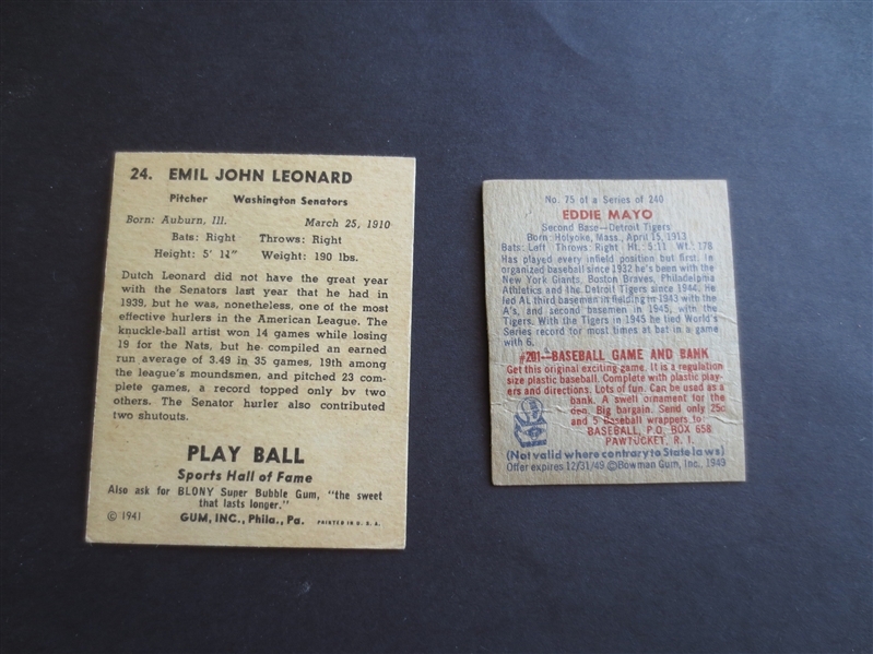 1941 Play Ball Dutch Leonard + 1949 Bowman Eddie Mayo Grey background RARE Baseball Cards