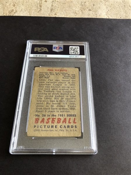 1951 Bowman Phil Rizzuto PSA 1 baseball card of Hall of Famer in affordable condition #26