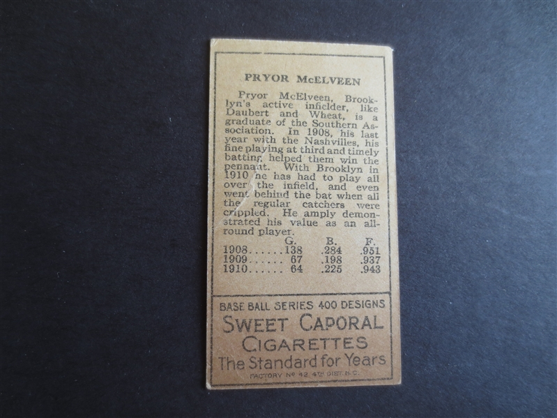 1911 T205 Gold Border P.M. McElveen Sweet Caporal back baseball card