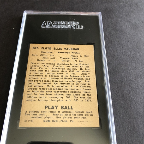1940 Play Ball Arky Vaughan SGC 3.5 vg+ baseball card #107  Hall of Famer 