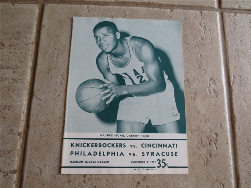 1957 NY Knickerbockers vs. Cincinnati & Philadelphia vs. Syracuse doubleheader program with Maurice Stokes cover