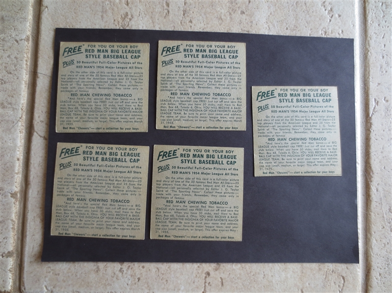 (5) 1955 Red Man Baseball Cards including 4 Hall of Famers: Spahn, Kell, Ashburn, Roberts