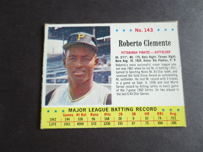 1963 Post Cereal Roberto Clemente baseball card #143 in nice condition