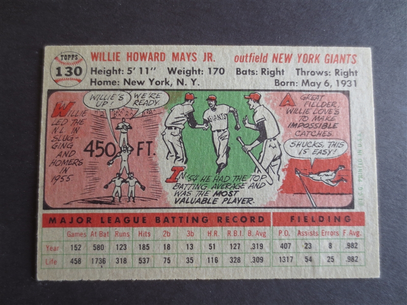 1956 Topps Willie Mays Baseball Card #130 in very nice condition!     sk