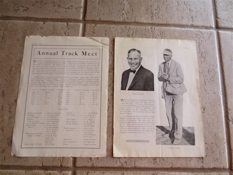 1925 USC vs. CAL Track and Field program with baseball, too!  RARE!