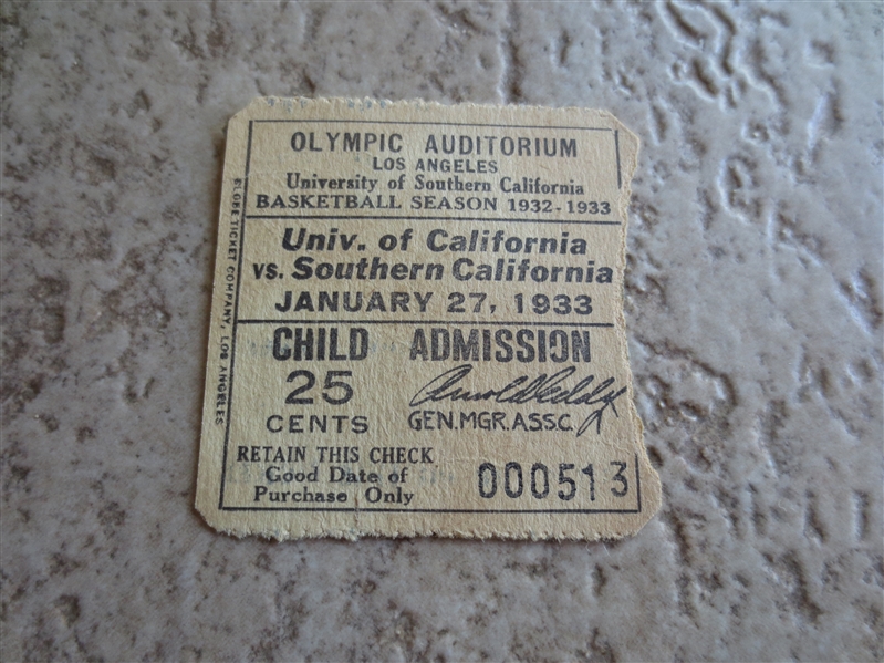 January 27, 1933 University of California vs. USC basketball ticket at the Olympic Auditorium