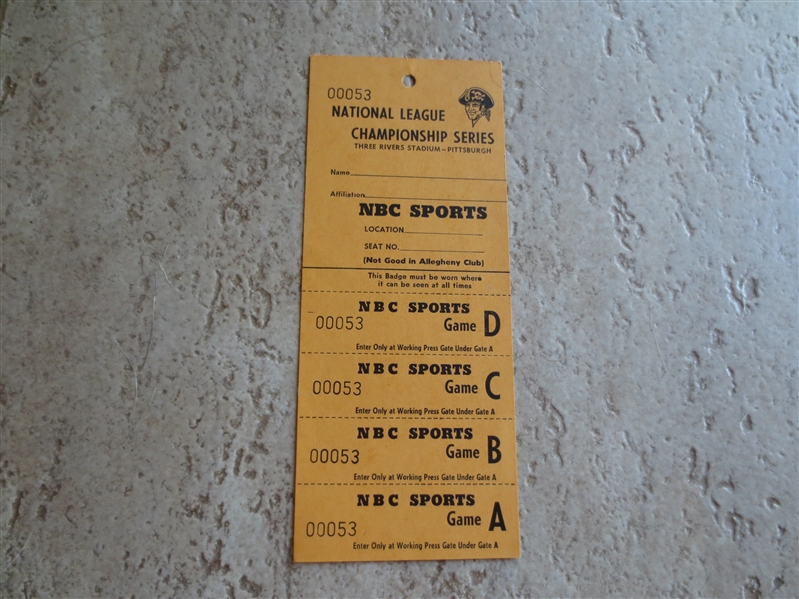 1970 Unused NLCS Press Pass for NBC and the Pittsburgh Pirates  Unusual!