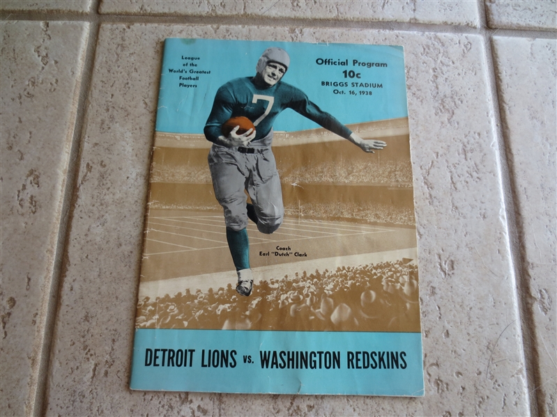 1938 Washington Redskins at Detroit Lions football program in beautiful condition