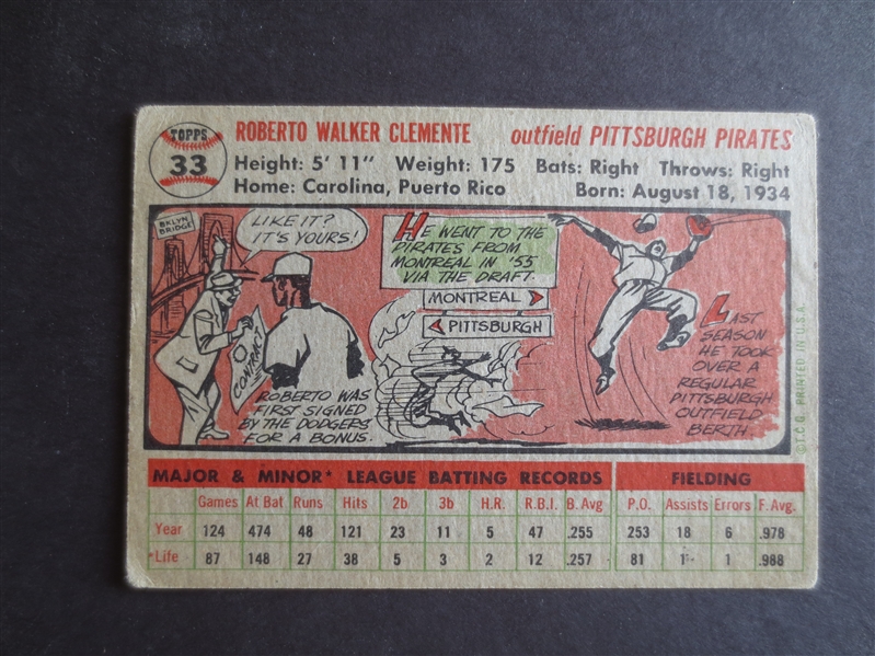 1956 Topps Roberto Clemente baseball card #33 in affordable condition