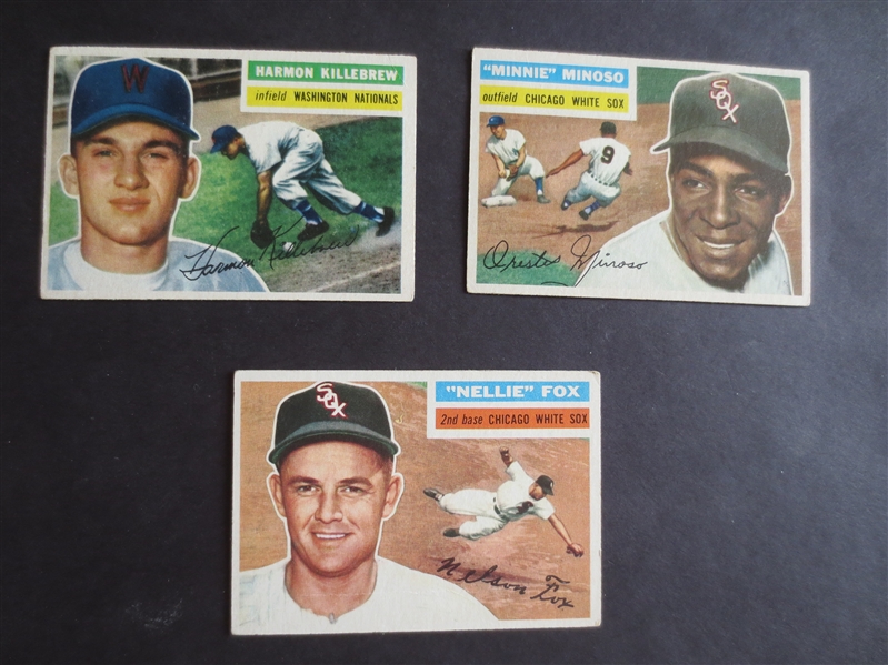 (3) 1956 Topps Superstar Baseball Cards in nice condition:  Killebrew, Fox, Minoso