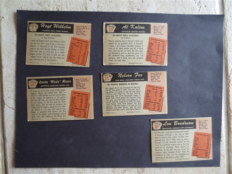 (5) 1955 Bowman Hall of Famer Baseball Cards in nice condition: Kaline, Fox, Minoso, Wihhelm, Boudreau