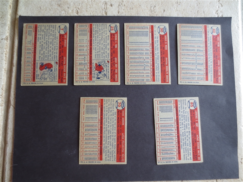 (6) 1957 Topps Superstar Baseball Cards: Reese, Ashburn, Wynn, Aparicio, Doby, Ford     pw