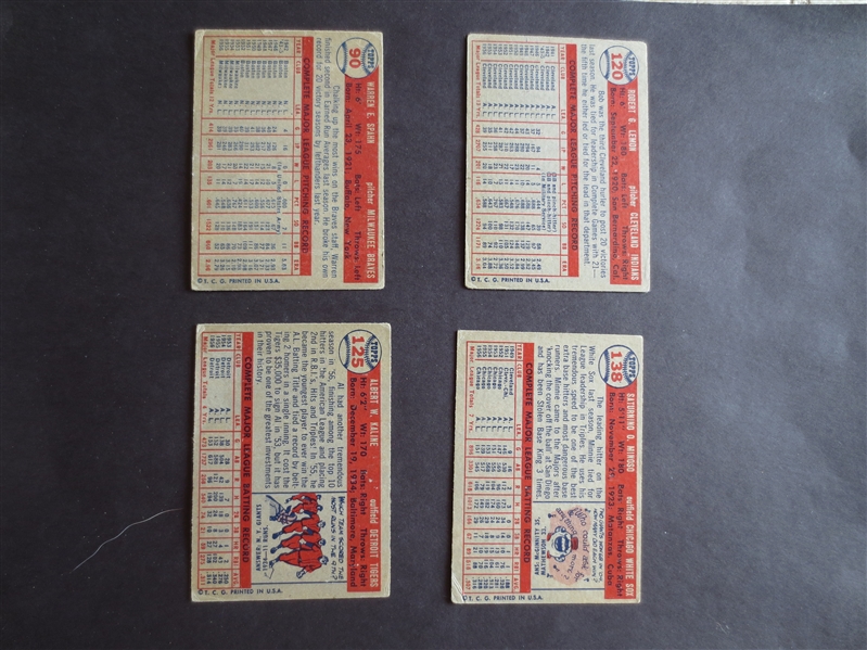(4) 1957 Topps Hall of Fmer baseball cards in affordable condition:  Spahn, Kaline, Lemon, and Minoso