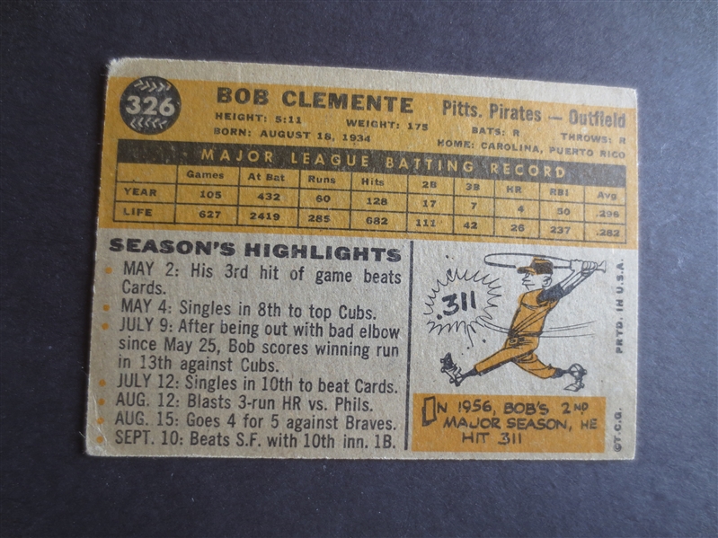 1960 Topps Bob Clemente baseball card #326 in affordable condition