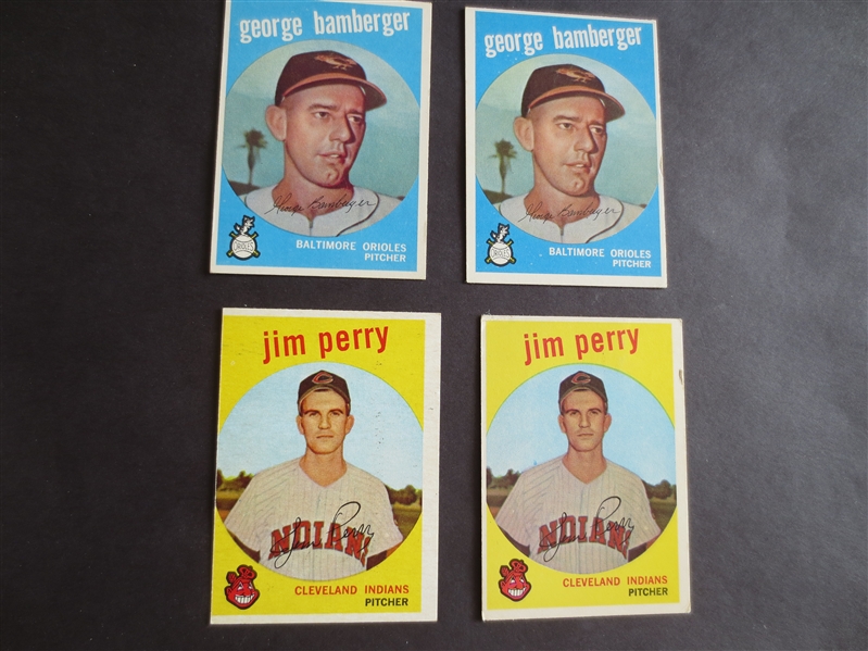 (4) 1959 Topps High Number Baseball Cards:  (2) Jim Perry and (2) George Bamberger