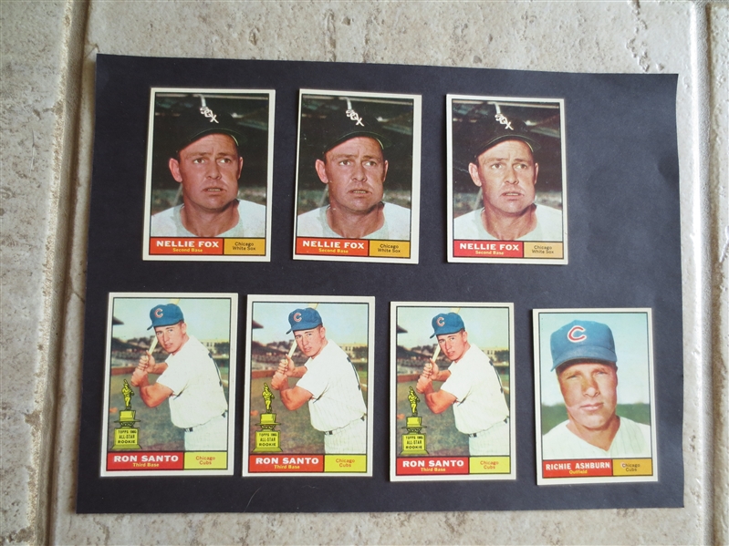 (7) 1961 Topps Hall of Famer Baseball Cards:  Fox, Santo (rookie), and Ashburn in very nice shape