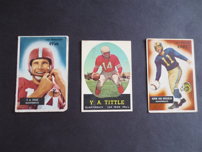 (2) 1955 Bowman football cards of Y.A. Tittle and Norm Van Brocklin PLUS 1958 Topps Y.A. Tittle