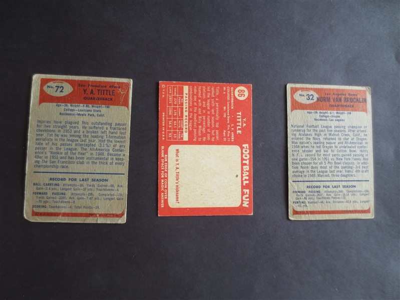 (2) 1955 Bowman football cards of Y.A. Tittle and Norm Van Brocklin PLUS 1958 Topps Y.A. Tittle