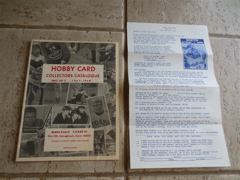 1967-68 Hobby Card Collectors Catalogue Wholesale Cards Co. with ad sheet