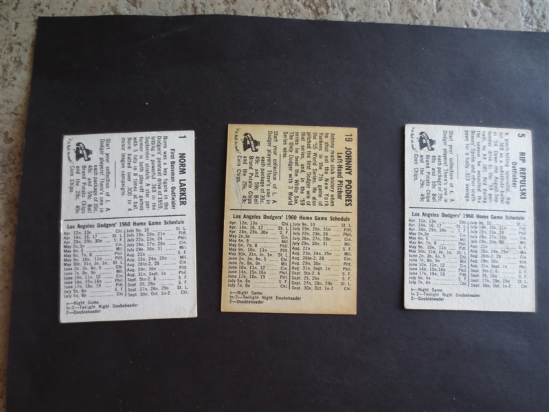 (3) 1960 Bell Brand Dodgers Johnny Podres, Norm Larker, and Rip Repulski