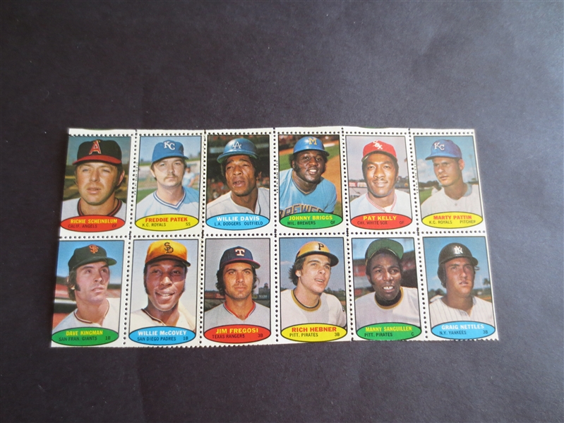 1974 Topps Baseball Stamp Sheet of 12 including Willie McCovey 