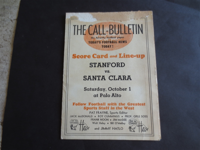 1937 Santa Clara at Stanford unscored football scorecard 
