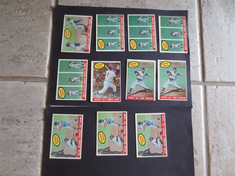 (11) 1959 Topps Baseball Thrills Baseball Cards of Aaron, Pierce, Sievers, Mays, Kaline