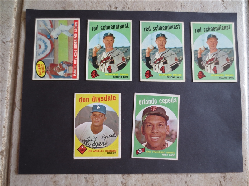 (6) 1959 Topps Baseball Cards of Hall of Famers including Mantle