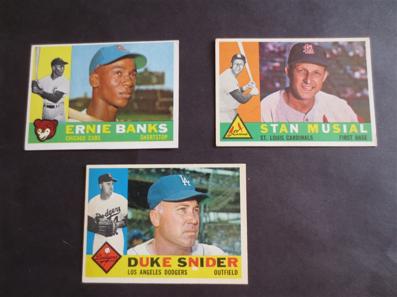(3) 1960 Topps Baseball Hall of Famer Cards: Ernie Banks, Duke Snider, and Stan Musial