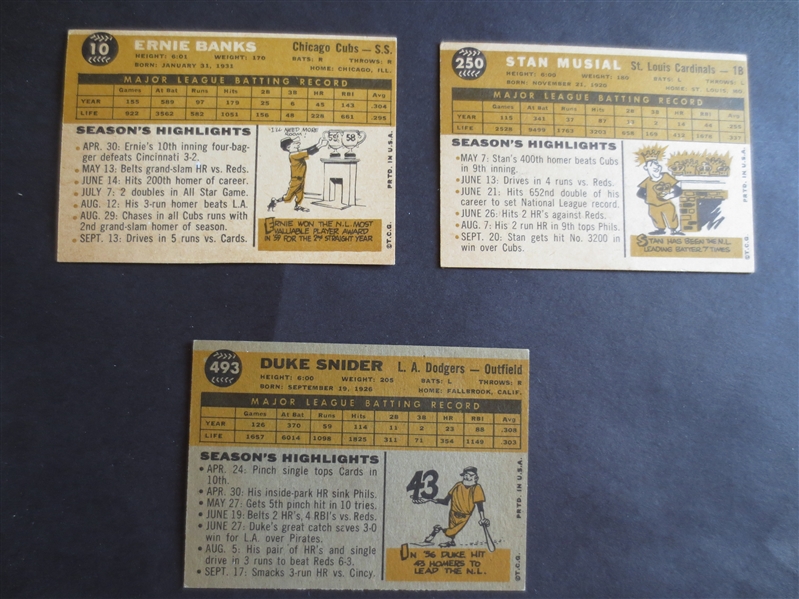 (3) 1960 Topps Baseball Hall of Famer Cards: Ernie Banks, Duke Snider, and Stan Musial