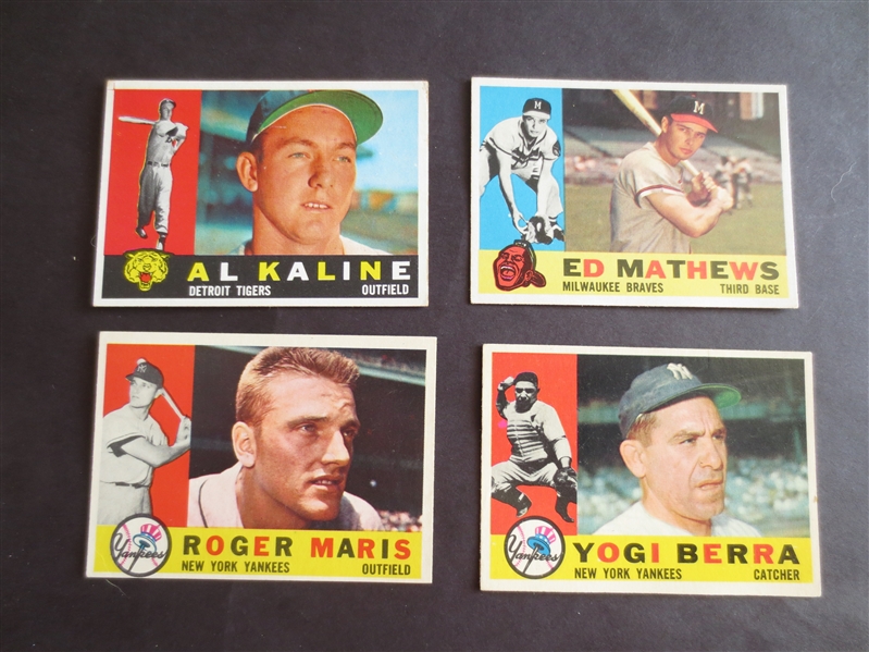(4) 1960 Topps Superstar Baseball Cards in very nice condition: Kaline, Berra, Mathews, Maris