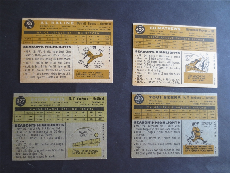 (4) 1960 Topps Superstar Baseball Cards in very nice condition: Kaline, Berra, Mathews, Maris