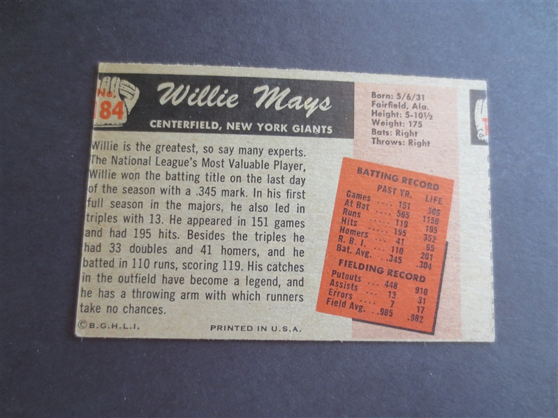 1955 Bowman Willie Mays baseball card in affordable condition #184