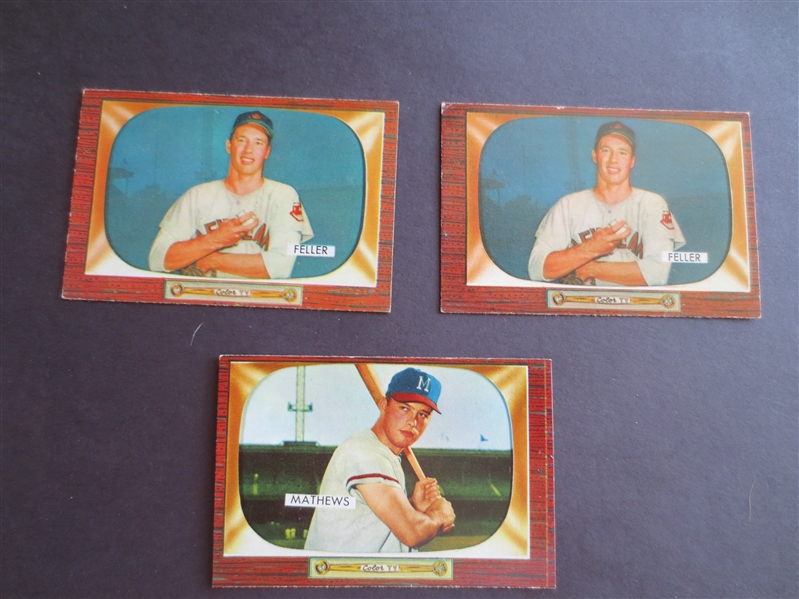 (2) 1955 Bowman Bob Feller + (1) 1955 Bowman Ed Mathews Baseball Cards in nice shape