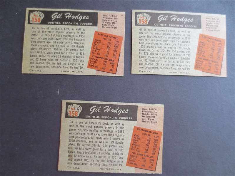 (3) 1955 Bowman Gil Hodges baseball cards #158 in beautiful condition