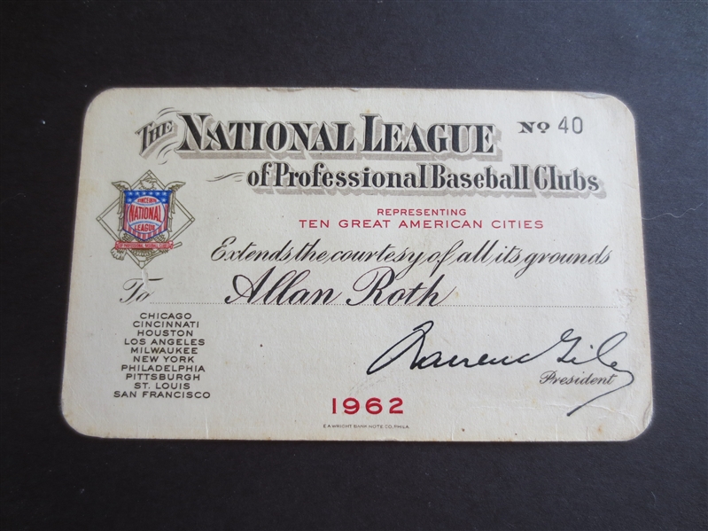 1962 National League Baseball Pass of Allan Roth famous statistician