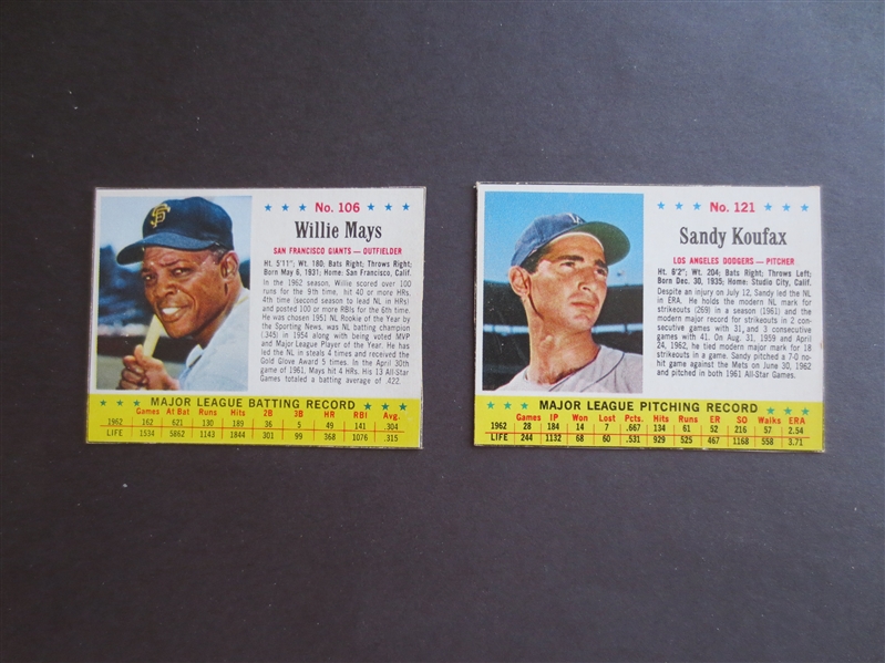 1963 Jello Sandy Koufax and Willie Mays baseball cards in beautiful condition