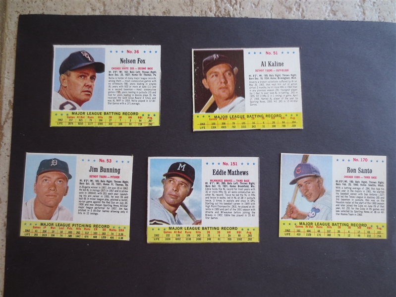 (5) 1963 Jello Hall of Famer Baseball Cards: Fox, Bunning, Mathews, Kaline, Santo in very nice shape