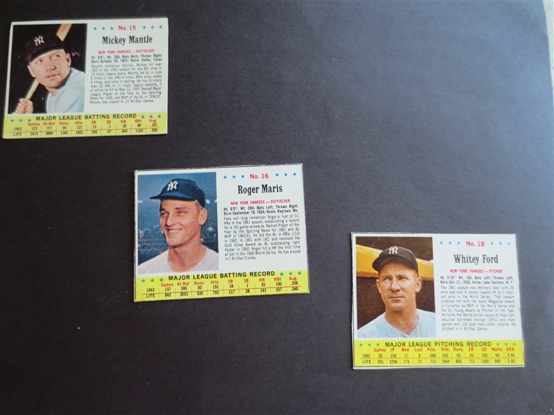 1963 Jello Mickey Mantle, Roger Maris, and Whitey Ford baseball cards