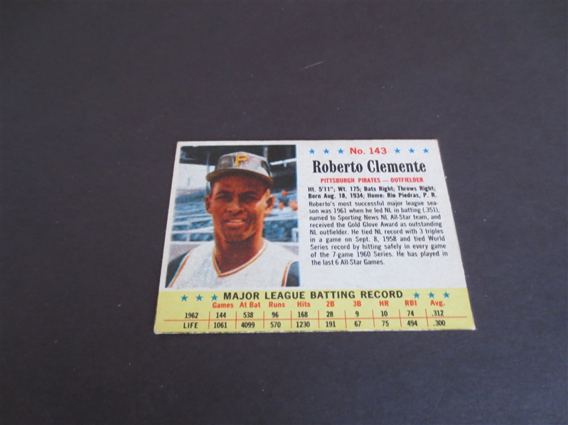 1963 Post Cereal Roberto Clemente baseball card in very nice shape!