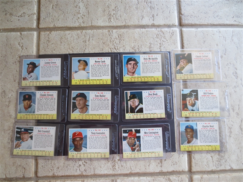 (12) different SCARCE 1963 Post Cereal Baseball Cards including Green, Haller, Virdon, and Covington