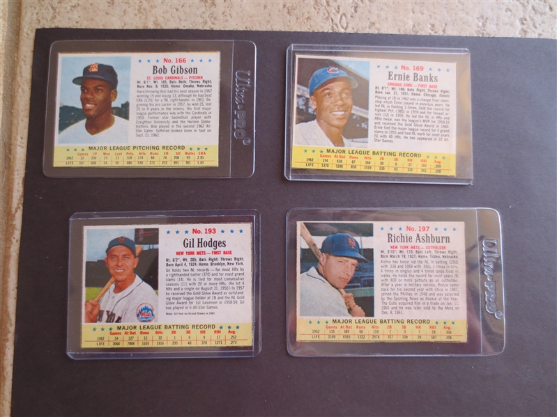 (4) 1963 Post Cereal Superstar Baseball Cards: Banks, Hodges, Gibson, Ashburn in very nice shape