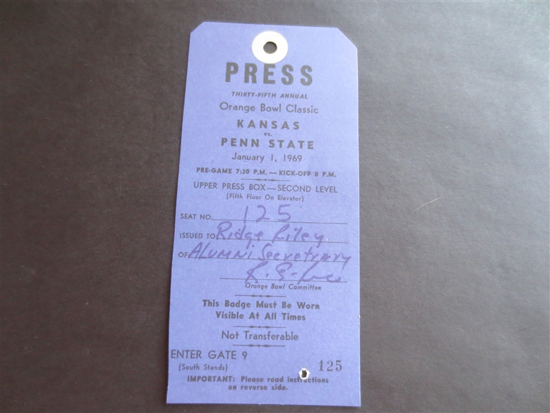 1969 Orange Bowl Classic Press Football Ticket Kansas vs. Penn State